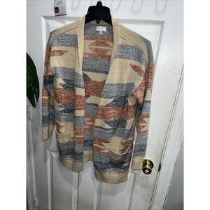 Lucky Mountain Print Open Front Linen Blend Cardigan Sea, Oatmeal, Copper 406